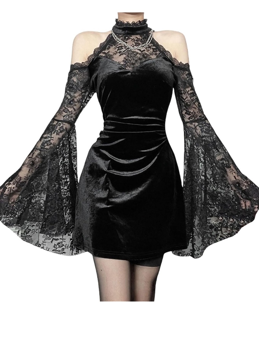 NWOT Black Velvet Lace Cold-Shoulder Mini Dress Goth Emo Grunge, Medium